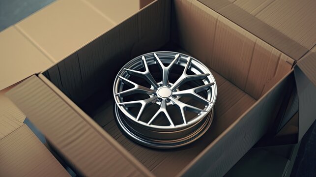 New steel car rim in a cardboard box