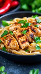 A close-up of Cajun chicken pasta with fire-grilled chicken, paprika, and red peppers in the background, on a black plate. Food photography, front view.