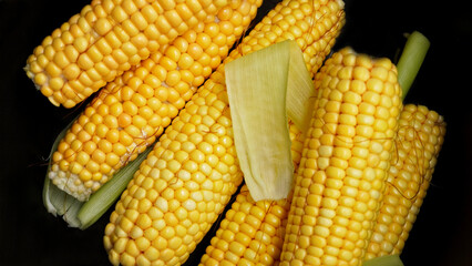   fruits of ripe, peeled corn, on a black background      