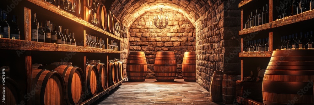 Aufkleber explore a charming wine cellar adorned with wooden barrels and neatly arranged bottles on rustic she