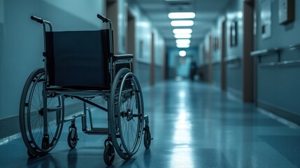 A wheelchair positioned in a hospital corridor, symbolizing care and mobility.