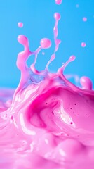  A blue and pink liquid splashes atop a pink container, brimming with a blend of pink and blue liquids, against a calming blue backdrop