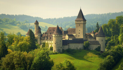 Fototapeta premium A picturesque medieval castle surrounded by lush greenery and hills, evoking a sense of history and tranquility.