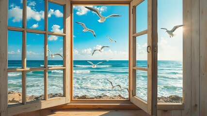 Serene coastal landscape features a wide open window framing a picturesque ocean view, sunlit waves gently lapping