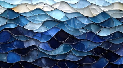 Obraz premium A stunning sea glass mosaic with dark blue hues swirling like waves, the colors fading softly into clear glass at the borders, mimicking the ocean's calm retreat