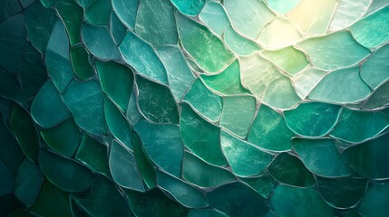 Fototapeta premium Abstract mosaic wall with smooth, sea-glass tiles in shades of green and lavender, resembling ocean waves, captured in soft, diffused light, digital rendering