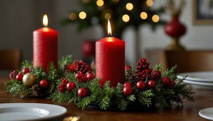 A Christmas table centerpiece featuring red candles and festive decor.