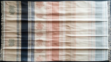 Colorful textile fabric with fringe border, white isolated background