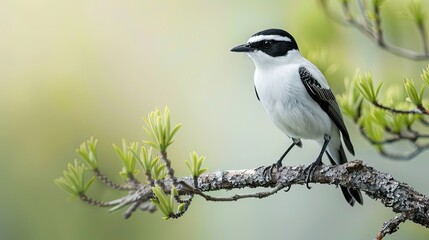 Fototapeta premium Black crowned Tityra Tityra inquisitor Small black and white bird perched on a branch on the top of a tree