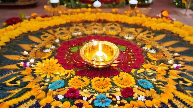 Stunning diwali diya video with vibrant rangoli