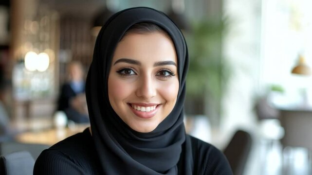 A smiling arabic woman in a black hijab sits comfortably in a cozy cafe setting during daylight hours