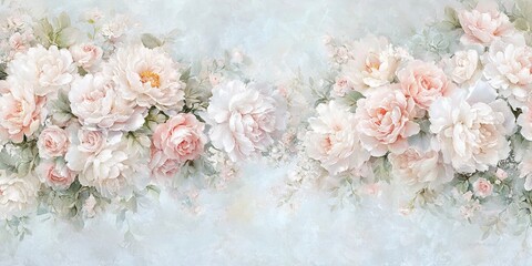 A soft, dreamy arrangement of pink and white flowers against a subtle backdrop, evoking a serene and romantic atmosphere.
