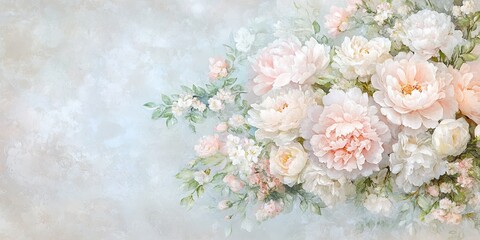 A soft, pastel floral arrangement featuring peonies and delicate blossoms against a muted background, evoking a serene and elegant atmosphere.