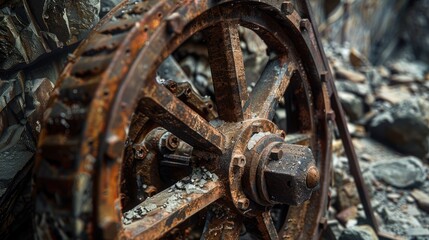 Abandoned industrial metal rusted wheel for cableway coal mining