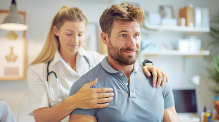 Fototapeta premium Female medic examining patient from behind