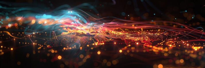 Obraz premium Abstract digital painting with glowing lights and colorful streaks.