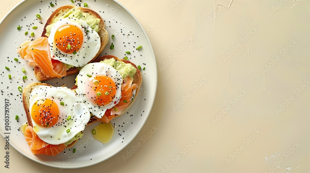 Poster healthy breakfast with poached eggs salmon and guacamole on toast place for text top view
