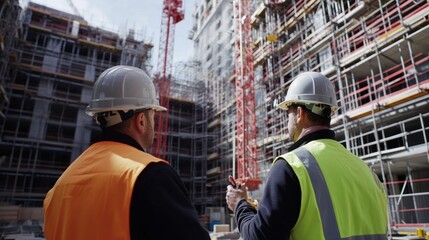 Two construction workers discussing plans at a building site with cranes and scaffolding.