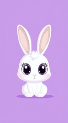 Obraz premium A white rabbit with big eyes sits against a purple backdrop, bearing a purple halo above its head