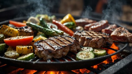 A close-up of diverse meats and fresh veggies sizzling on a grill amid glowing coals and rising smoke.