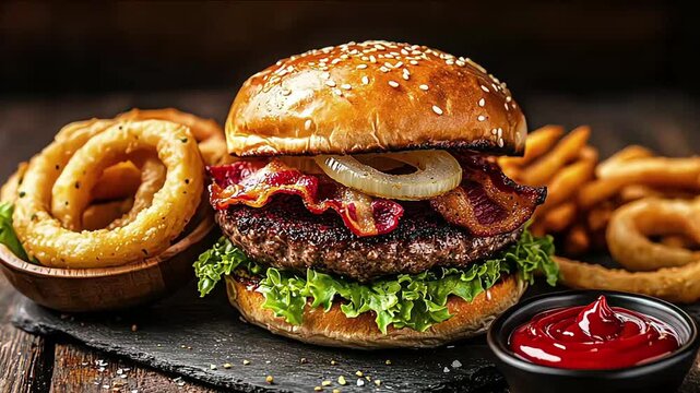 Selective focus shot of a burger with bacon, onion rings, barbecue sauce, fries and beer