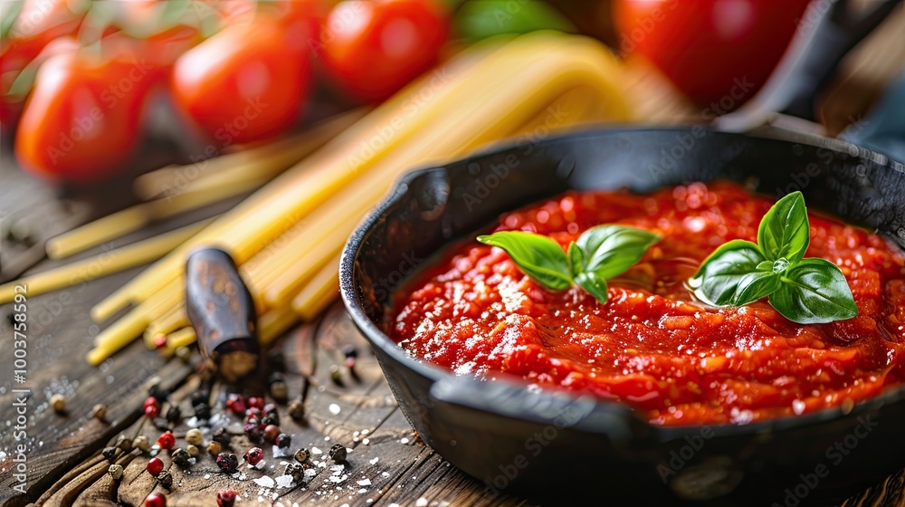 Poster tomato paste in cast iron skillet with dry spaghetti cherry tomato and dried oregano in the back pho