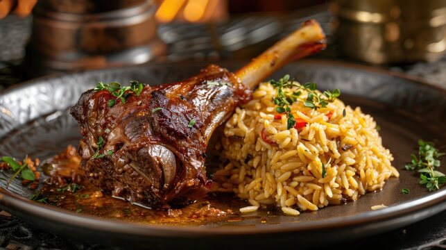 Lamb shank or kuzu incik on the plate with orzo pilaf