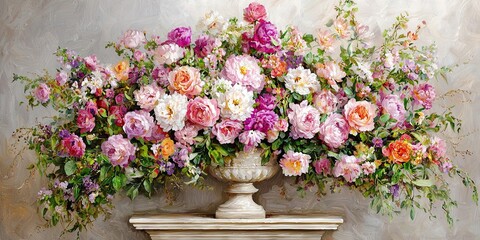 A vibrant floral arrangement featuring pink, peach, and cream flowers in an elegant vase, enhancing a sophisticated decor.