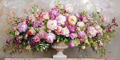 Fototapeta premium A beautifully arranged floral centerpiece featuring an array of pink and purple blooms in an elegant vase against a soft background.