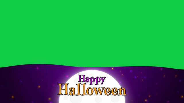 happy halloween with moon and text lower third banner on green background animation, halloween purple and orange lights motion overlay social media design element