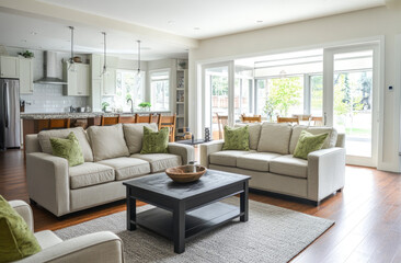 Scenic view of the living room in an open-concept home, featuring light-colored sofas and chairs with green accents