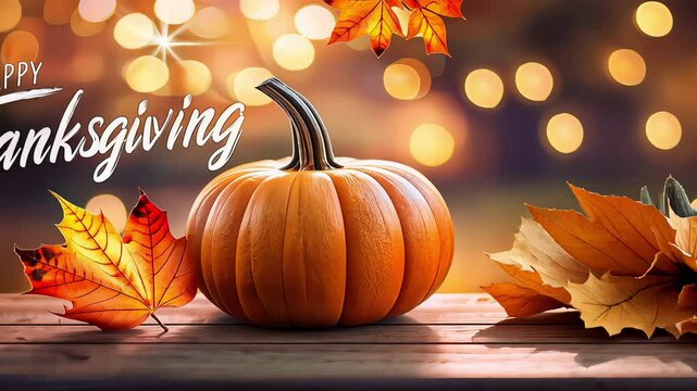 Close up of pumpkin with maple autumn leaves on wooden table and gold happy thanksgiving greeting text.