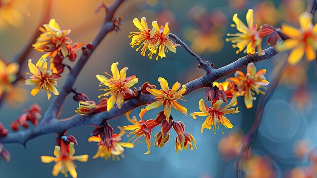 Yellow orange flowers of witch hazel hamamelis shrub