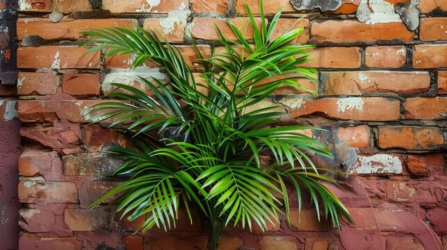 zamia scientific name Zamia furfuracea plant over red brick wall
