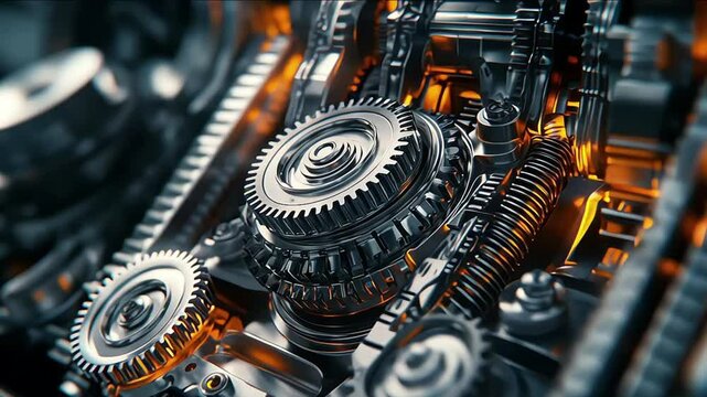 Close up of two pistons in cylinder with four valves in a modern engine with gears nearby