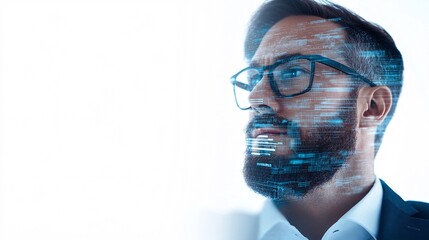 A business executive in deep thought, surrounded by floating digital interfaces showing real-time analytics and futuristic data projections, set against a white background, 