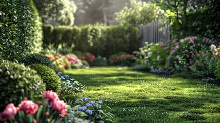 Fragment of a beautiful well kept garden Thuja Brabant hedge perennials iris catnip bright pink peony decorative bows on trimmed lawn