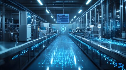 Obraz premium A futuristic food processing line with AI robots detecting contaminants in food products, surrounded by glowing holographic interfaces, Cyberpunk, Dark neon hues, 3D, Sharp focus