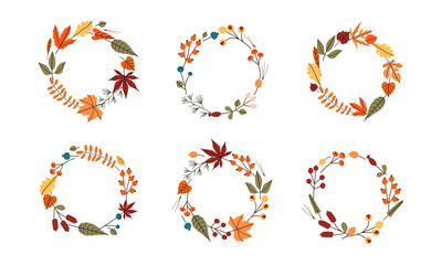 Autumn round botanical wreath with fall leaves, berries, branchlets. Vector autumn illustration. Hand drawn illustration for poster, prints, cards