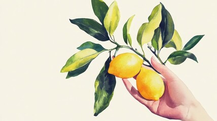 Obraz premium Watercolor Lemon tree branches seamless border,Hand holding lemon set On a white background,Summer citrus fruit,Hand drawn lemon set,Botanical illustration collection,Whole lemons,banner menu drink.