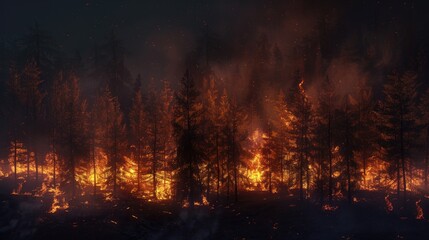 A forest fire at night