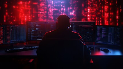 Obraz premium High-Tech Surveillance, Individual surrounded by code and data streams on screens, Cyber operations and network security