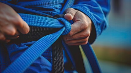 BJJ brazilian jui jutsu belt promotion close up on hands of unknown instructor black belt professor tie up blue belt on waist of his student