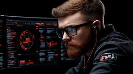 Cybersecurity Specialist: A focused and determined cybersecurity professional, with a rugged beard and glasses, intently monitors a computer screen filled with data.