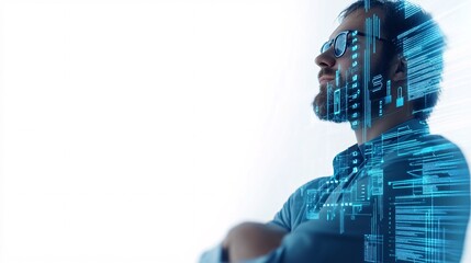A business executive in deep thought, surrounded by floating digital interfaces showing real-time analytics and futuristic data projections, set against a white background, 