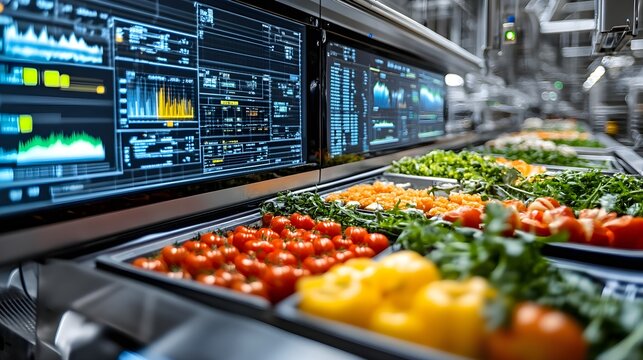 Robotic sensors in a modern food factory, monitoring food quality, with real-time data visualization of temperature, texture, and safety metrics on monitors
