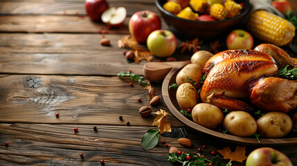 Fototapeta premium traditional American-style dinner table with all the ingredients for freshly baked chicken, including a large chicken on a platter, potatoes in a dish, and vegetables around it. The background is a wo