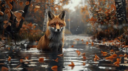Fototapeta premium Red fox looking to the camera on flood in autumn nature