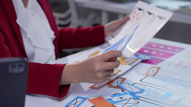 Ux designer reviewing the user flow of a mobile application prototype, focusing on usability and user centered design principles