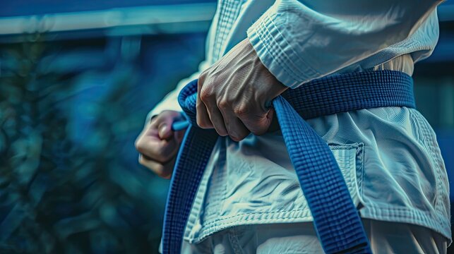 BJJ brazilian jui jutsu belt promotion close up on hands of unknown instructor black belt professor tie up blue belt on waist of his student